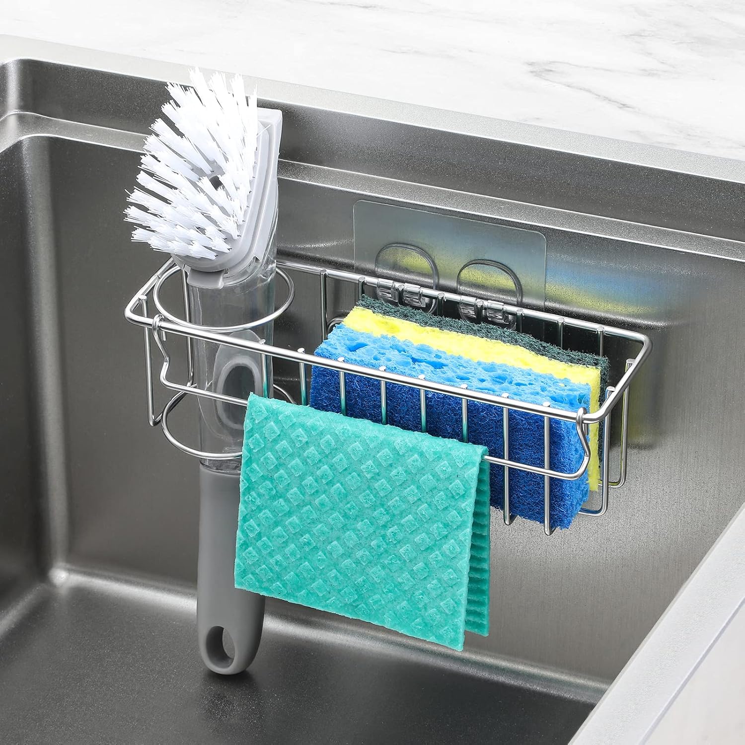 3-In-1 Sponge Holder for Kitchen Sink with Suction Cups & Adhesive Hook , In Sink Sponge Holder, Wall Hanging Sink Caddy Organizer Rack - Sponge, Dish Cloth, Brush, Scrubber - 304 Stainless Steel-8