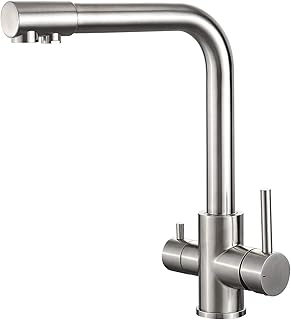 Ibergrif M22109A 3 Way Water Filter Tap, Kitchen Drinking Taps Sink Mixer Swivel Spout with 2 Handles, Hot, Cold and Filter Tap for Kitchen, G3/8" Hose, 360° Swivel, Brushed Nickel