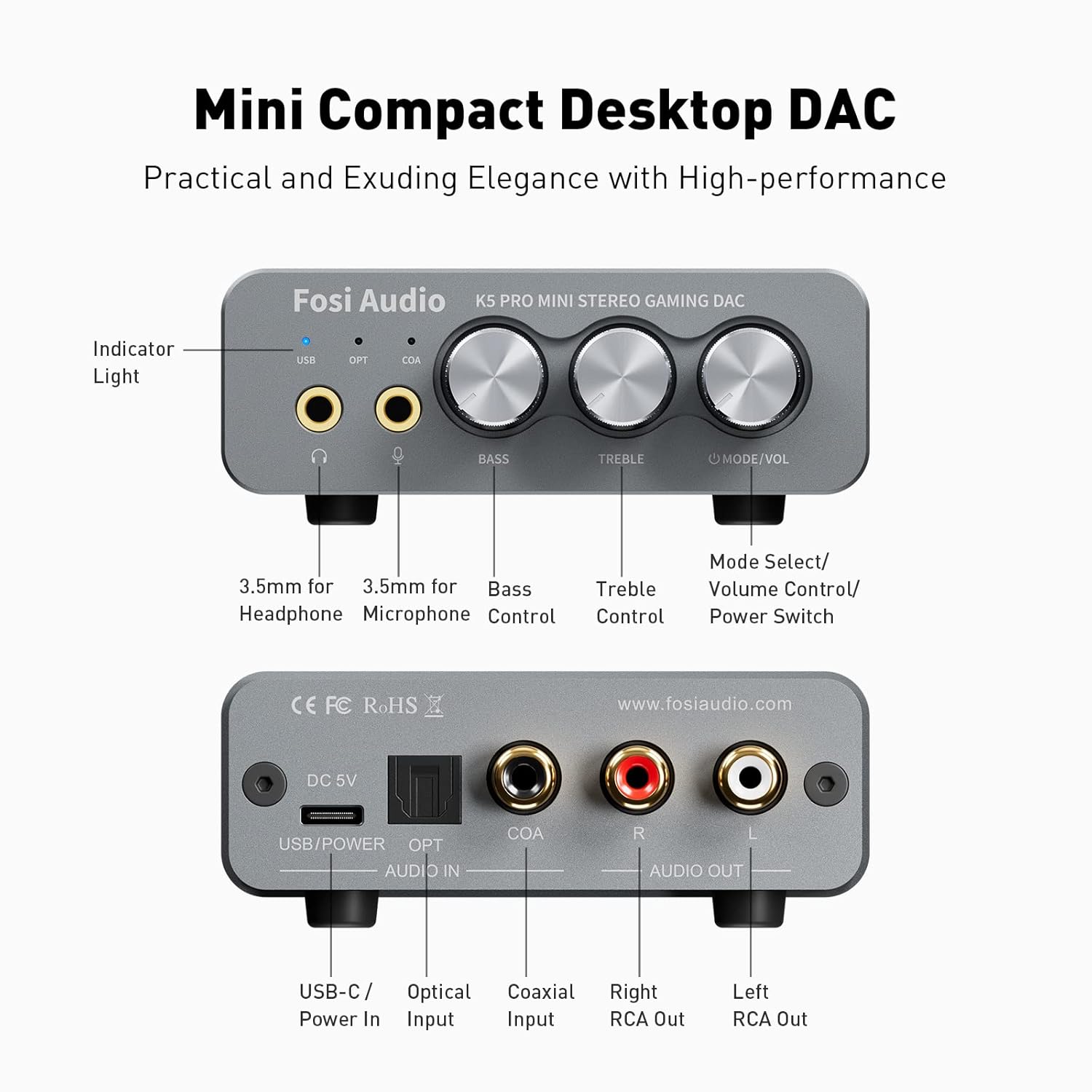 Fosi Audio K5 Pro DAC Amp Headphone Amplifier, Mini Hifi Stereo Digital-to-Analog Converter, USB Type-C/Coaxial/Optical to 3.5MM AUX/RCA Jack, for Gaming PS5/ PC/Active Speakers Up to 24 bit/192 kHz-6