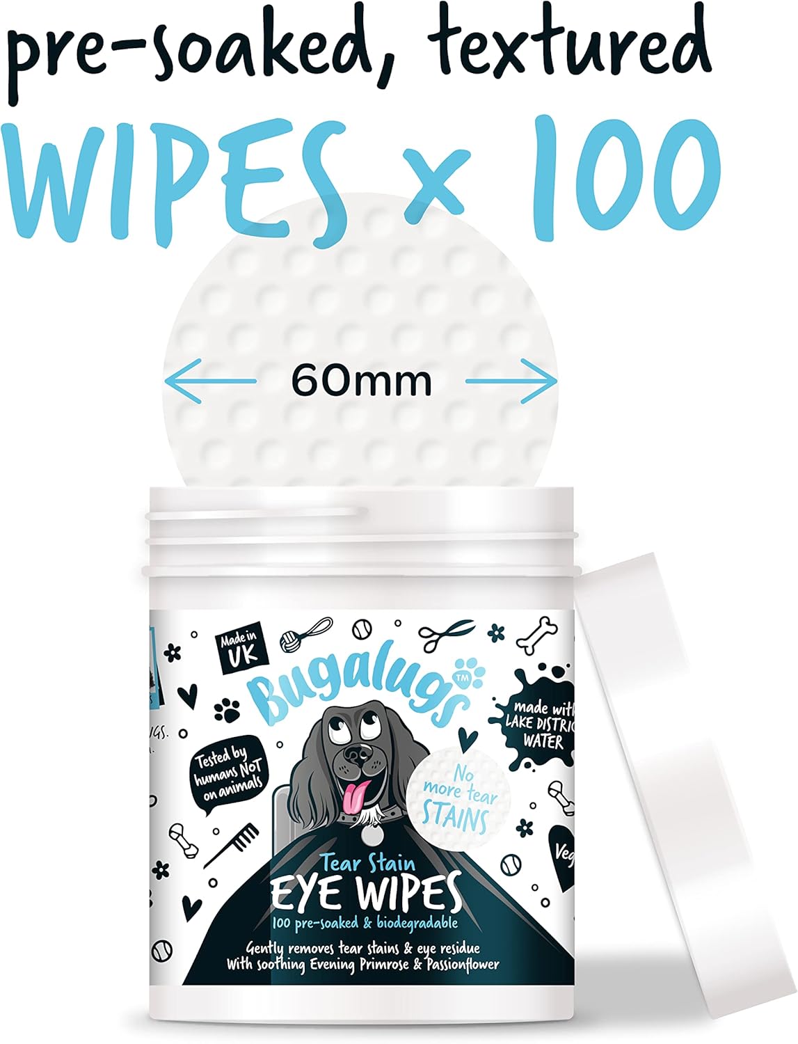 BUGALUGS Dog Eye Wipes 100 Biodegradable textured pre-soaked Dog Wipes. Safe & Easy Cleaning For Dogs - Pet Eye Wipes Remove Tear Stains, Dog Eye Crust & Eye Discharge-1