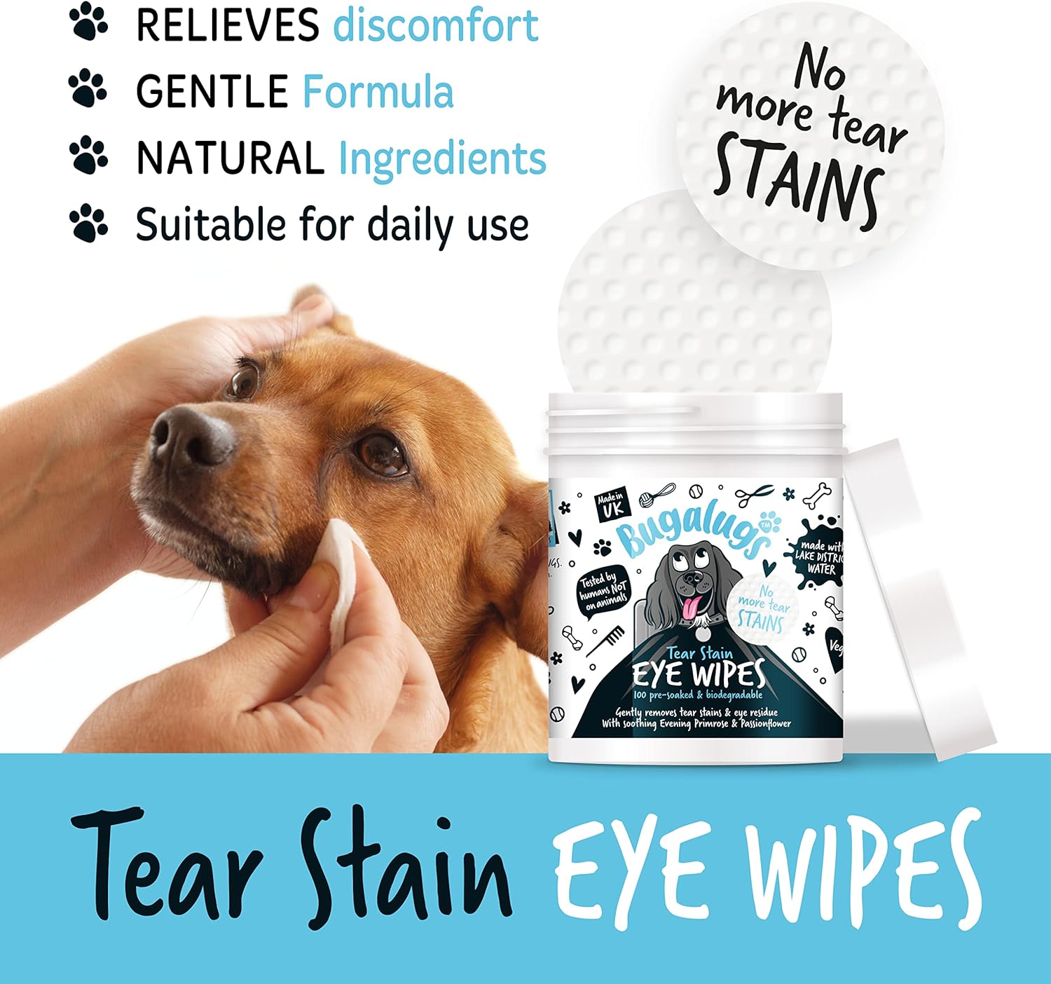 BUGALUGS Dog Eye Wipes 100 Biodegradable textured pre-soaked Dog Wipes. Safe & Easy Cleaning For Dogs - Pet Eye Wipes Remove Tear Stains, Dog Eye Crust & Eye Discharge-2