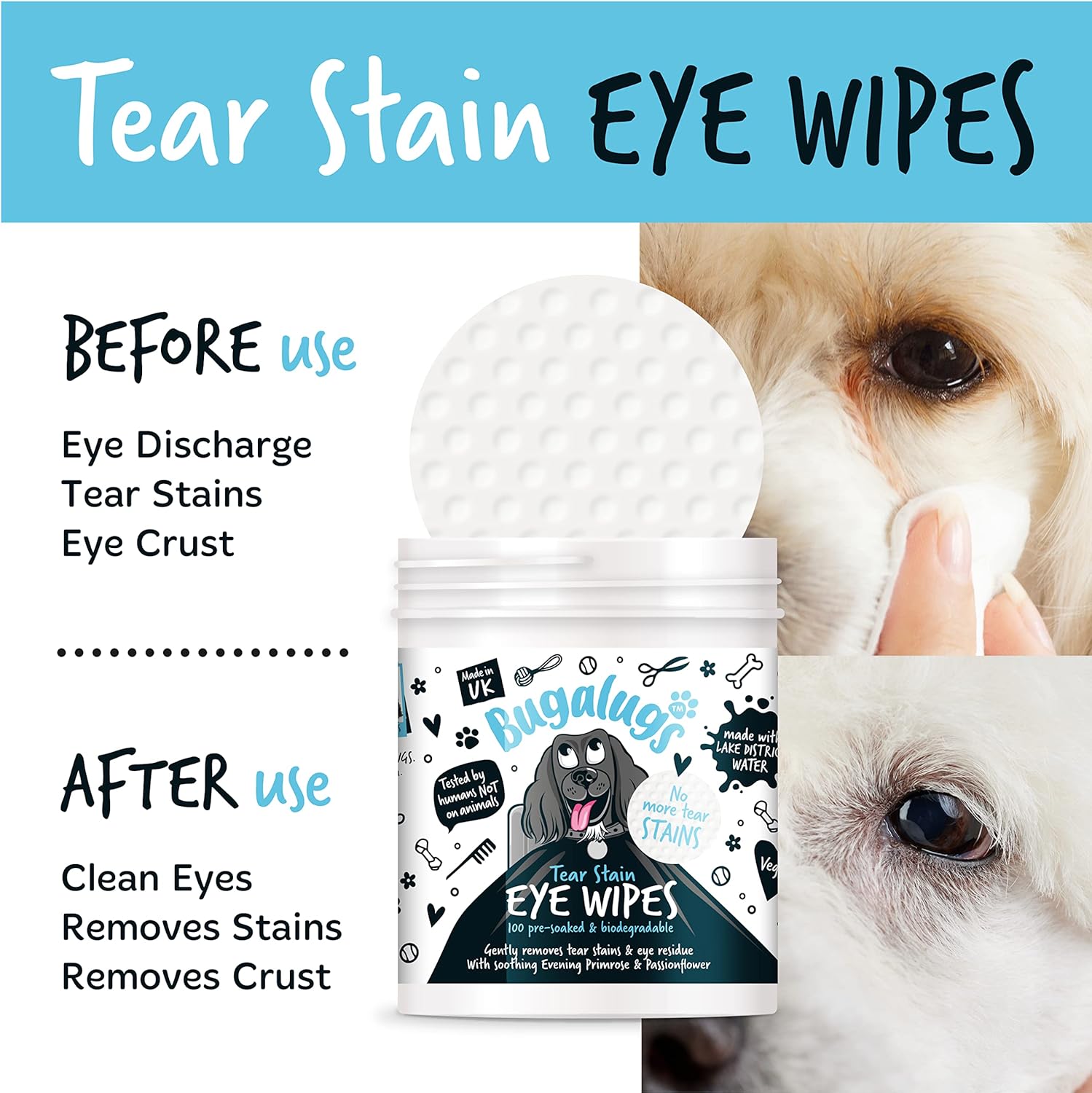 BUGALUGS Dog Eye Wipes 100 Biodegradable textured pre-soaked Dog Wipes. Safe & Easy Cleaning For Dogs - Pet Eye Wipes Remove Tear Stains, Dog Eye Crust & Eye Discharge-4