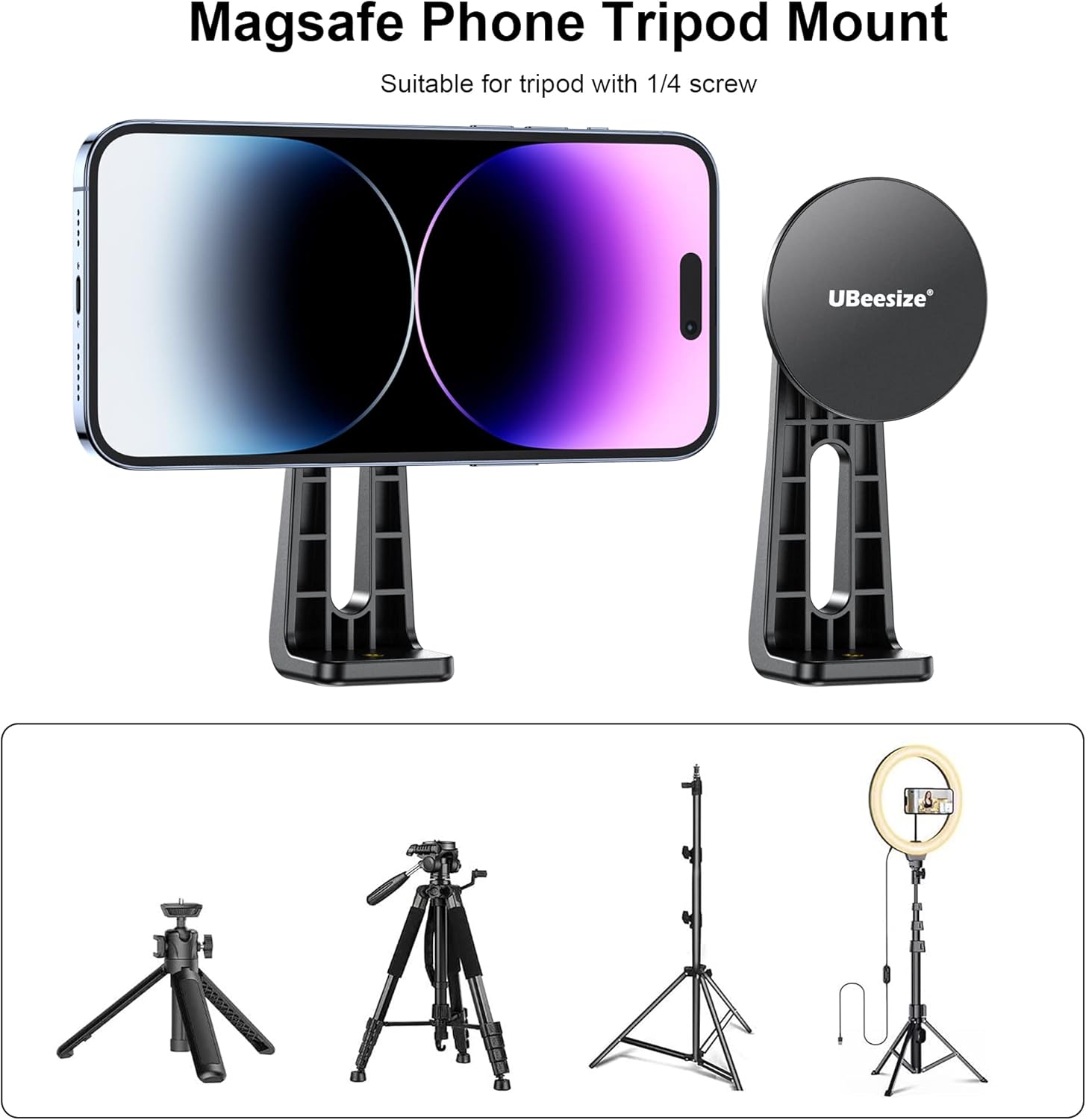 UBeesize Cell Phone Tripod Mount Adapter,Universal Phone Mount for Fill Light Tripod,Rotates and Adjustable Magnetic Holder Smartphone Clip Adapter for Any Phone-1