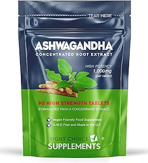 Ashwagandha 1000mg - Pure High Strength Root Extract Supplement for Mood Stress & Stamina (not Capsules) - KSM-66 Ayurveda Also Known As Withania Somnifera - 90 Vegan Tablets Made in The U.K