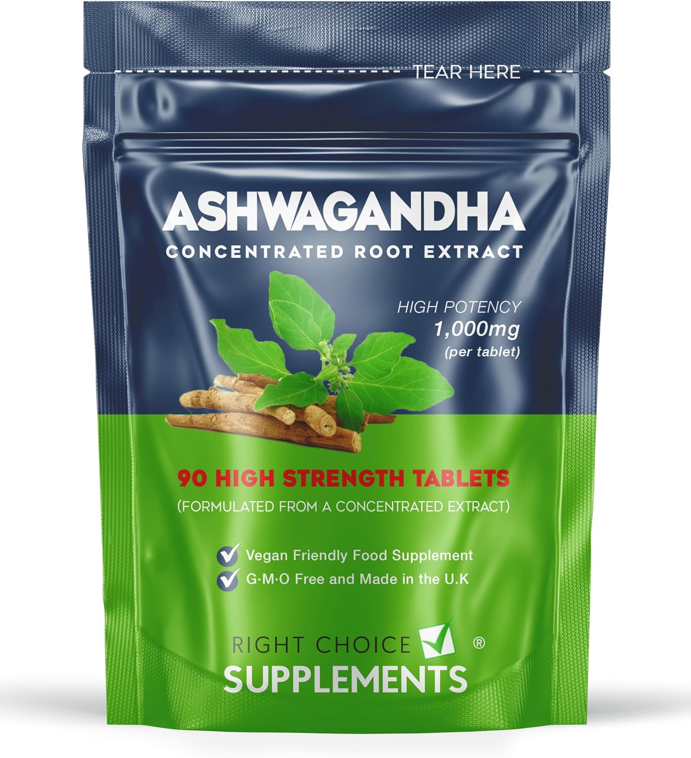 Ashwagandha 1000mg - Pure High Strength Root Extract Supplement for Mood Stress & Stamina (not Capsules) - KSM-66 Ayurveda Also Known As Withania Somnifera - 90 Vegan Tablets Made in The U.K-0