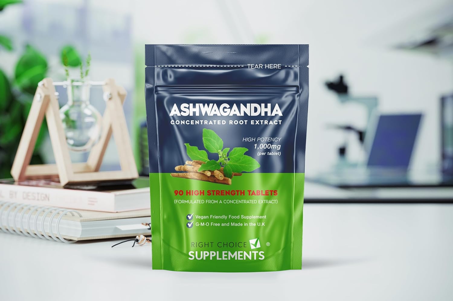 Ashwagandha 1000mg - Pure High Strength Root Extract Supplement for Mood Stress & Stamina (not Capsules) - KSM-66 Ayurveda Also Known As Withania Somnifera - 90 Vegan Tablets Made in The U.K-1