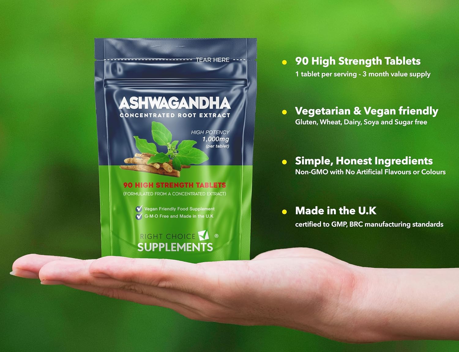 Ashwagandha 1000mg - Pure High Strength Root Extract Supplement for Mood Stress & Stamina (not Capsules) - KSM-66 Ayurveda Also Known As Withania Somnifera - 90 Vegan Tablets Made in The U.K-2