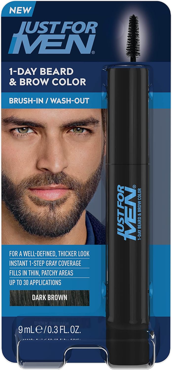 Just For Men 1-Day Beard and Brow Colour Brush, For Instant 1-Step Grey Coverage, Brush-In, Wash-Out, For A Thicker Well-Defined Look, Dark Brown-0