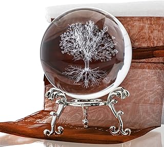 H&D HYALINE & DORA 60mm Tree of Life Crystal Ball with Stand,Decorative Paperweight 3D Laser Engraved Glass Plant Life Tree Sphere Novelty Home Decor