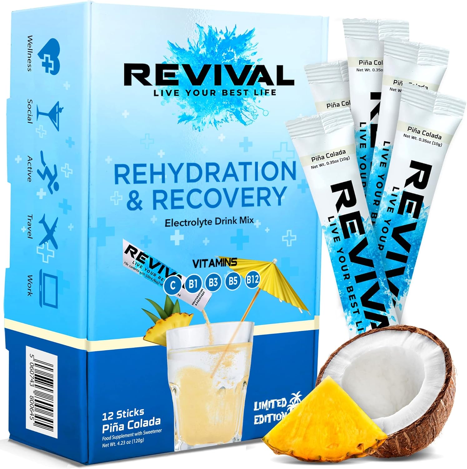 Revival Rapid Rehydration, Electrolytes Powder - High Strength Vitamin C, B1, B3, B5, B12 Supplement Sachet Drink, Effervescent Electrolyte Hydration Tablets - 12 Pack Pina Colada-0