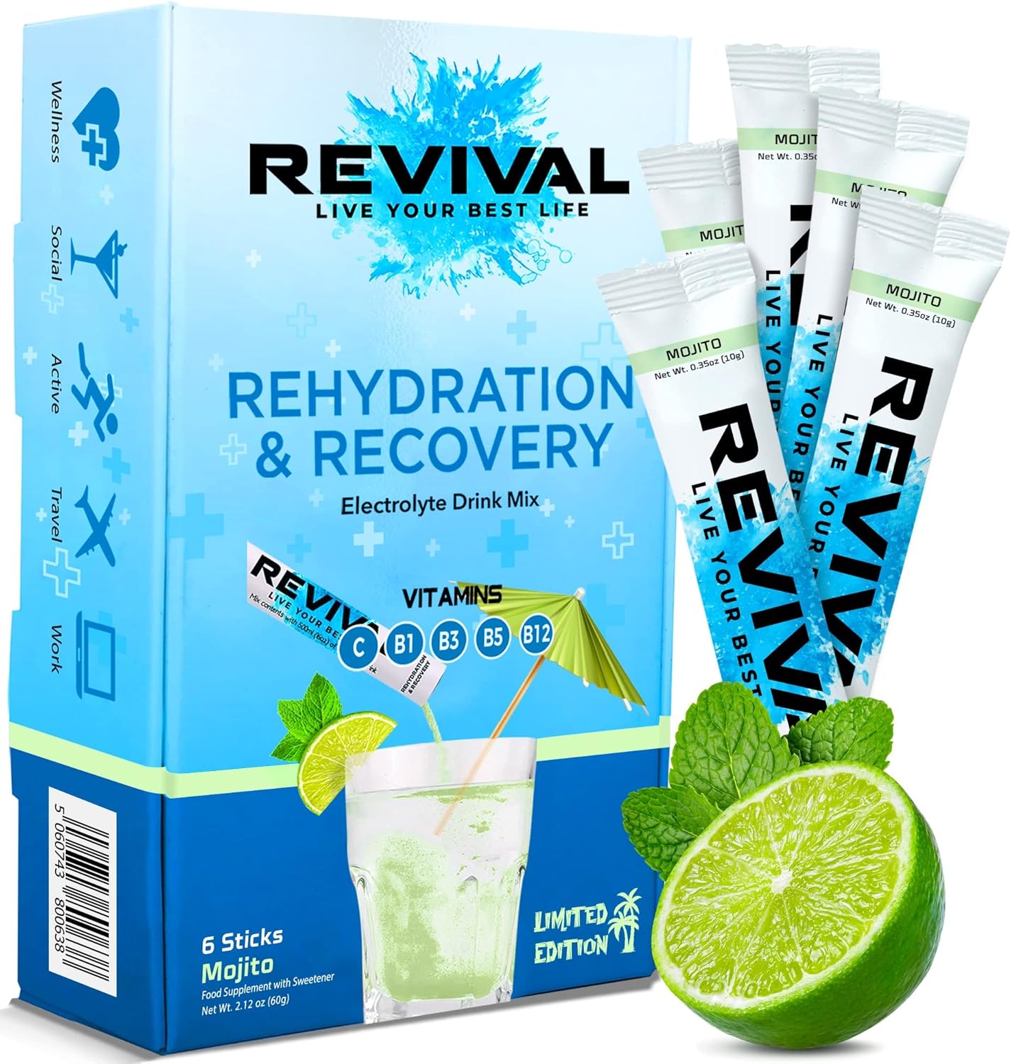 Revival Rapid Rehydration, Electrolytes Powder - High Strength Vitamin C, B1, B3, B5, B12 Supplement Sachet Drink, Effervescent Electrolyte Hydration Tablets - 6 Pack Mojito-0