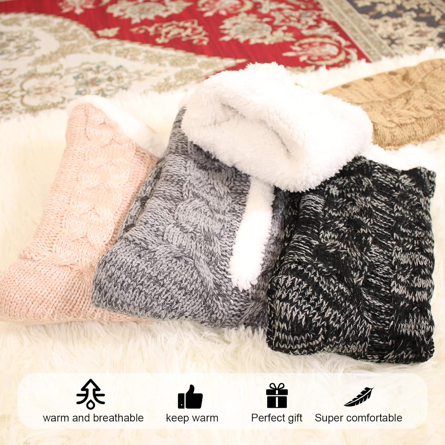 Niofind Slipper Fluffy Socks for Women Men, Thermal Socks Knitted Socks Christmas Socks, Winter Fuzzy Bed Slipper Socks With Grippers, One Size Non Slip-4