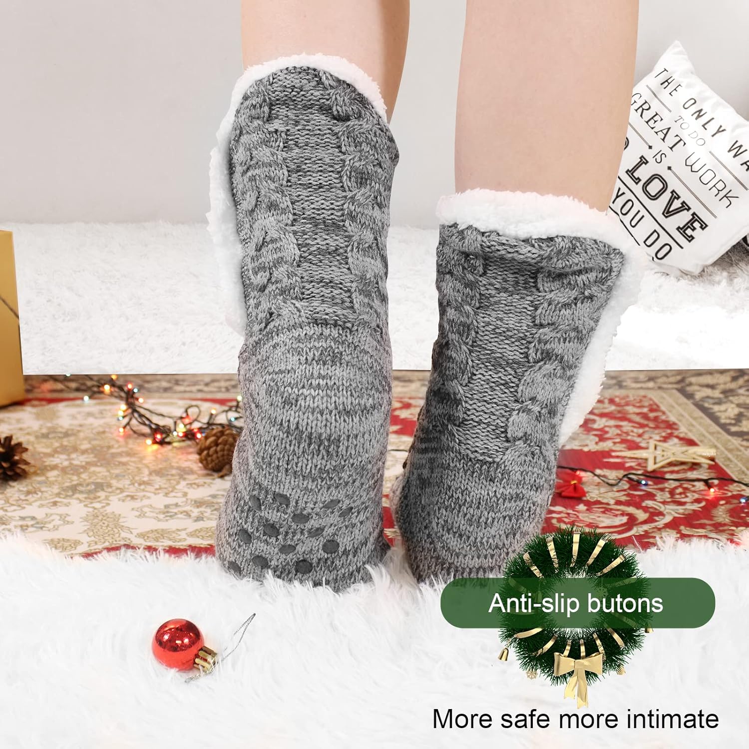 Niofind Slipper Fluffy Socks for Women Men, Thermal Socks Knitted Socks Christmas Socks, Winter Fuzzy Bed Slipper Socks With Grippers, One Size Non Slip-5