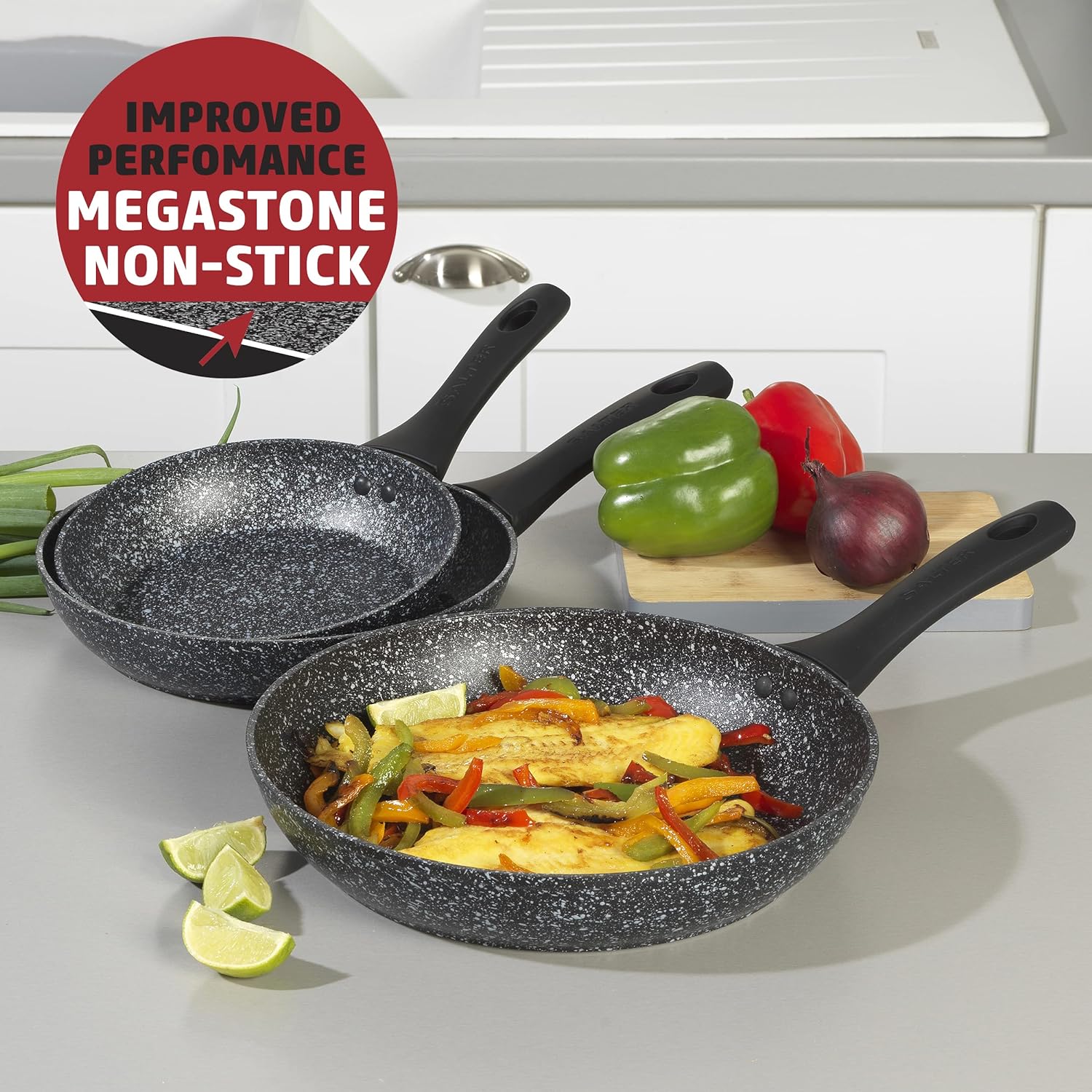 Salter COMBO-8207A Megastone Non-Stick Frying Pan Set, 3 Piece Pan Set, 20/24/28 cm, Forged Aluminium Cookware, Dishwasher & Metal Utensil Safe, Use Little or No Oil for Healthier Meals, PFOA-Free-1