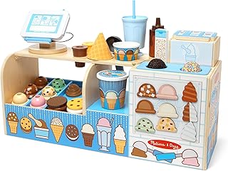 Melissa & Doug Wooden Cool Scoops Ice Creamery Play Food Toy, Toy kitchen, Ice cream toy for girls and boys, Pretend play food montessori toy 3 year old, Gift for 3 year old boy or girl