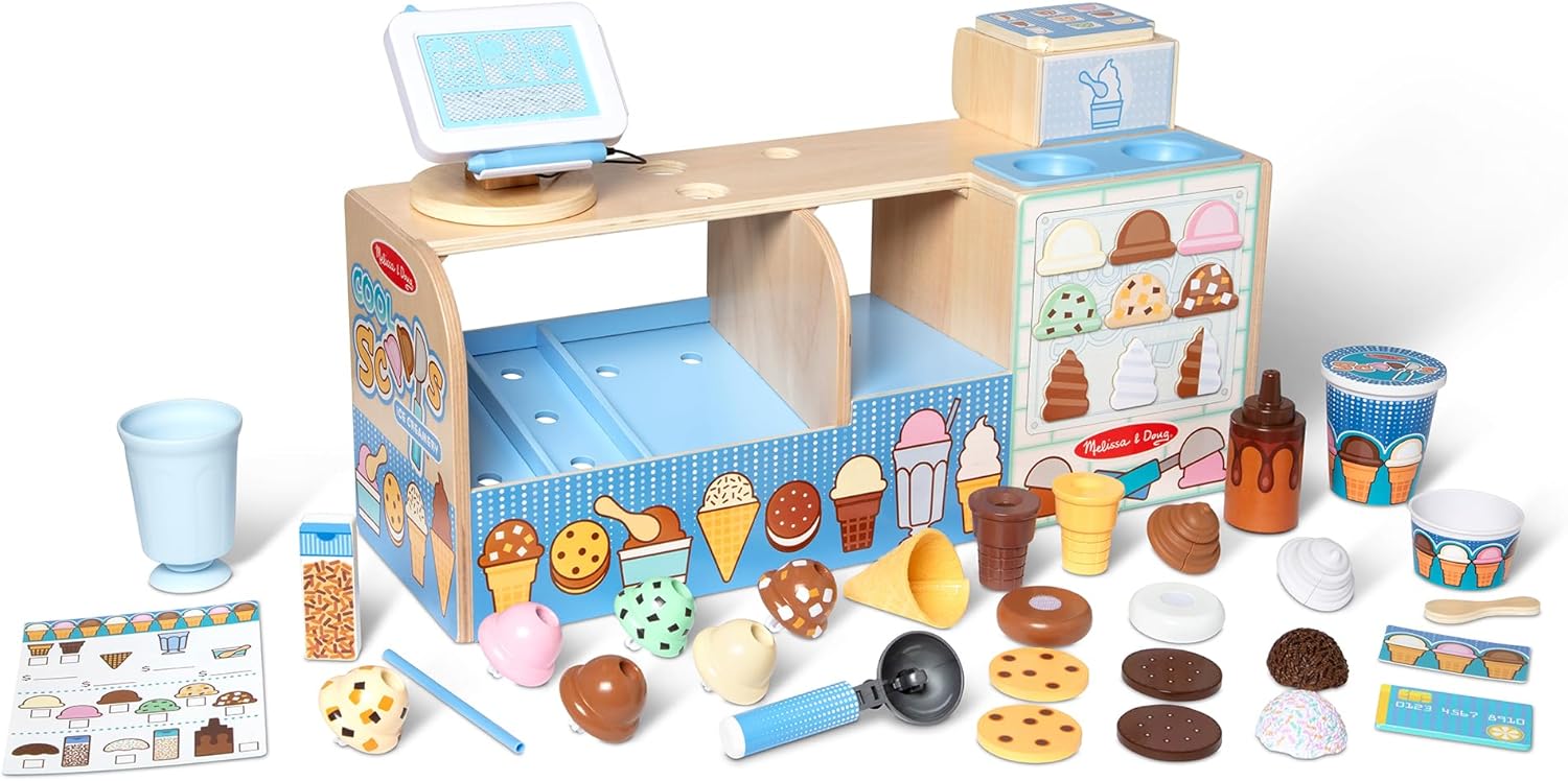 Melissa & Doug Wooden Cool Scoops Ice Creamery Play Food Toy, Toy kitchen, Ice cream toy for girls and boys, Pretend play food montessori toy 3 year old, Gift for 3 year old boy or girl-3