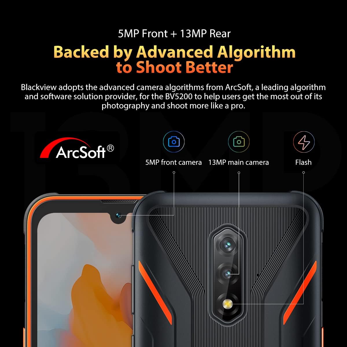 IP68 Rugged Mobile Phone Blackview BV5200, ArcSoft® 13MP+5MP, 4GB+32GB(1TB Extension), Android 12 DUAL SIM Free Waterproof Smartphone Unlocked, 6.1'' HD+, 5180mAh Battery, MIL-STD-810H, NFC GPS Orange-1