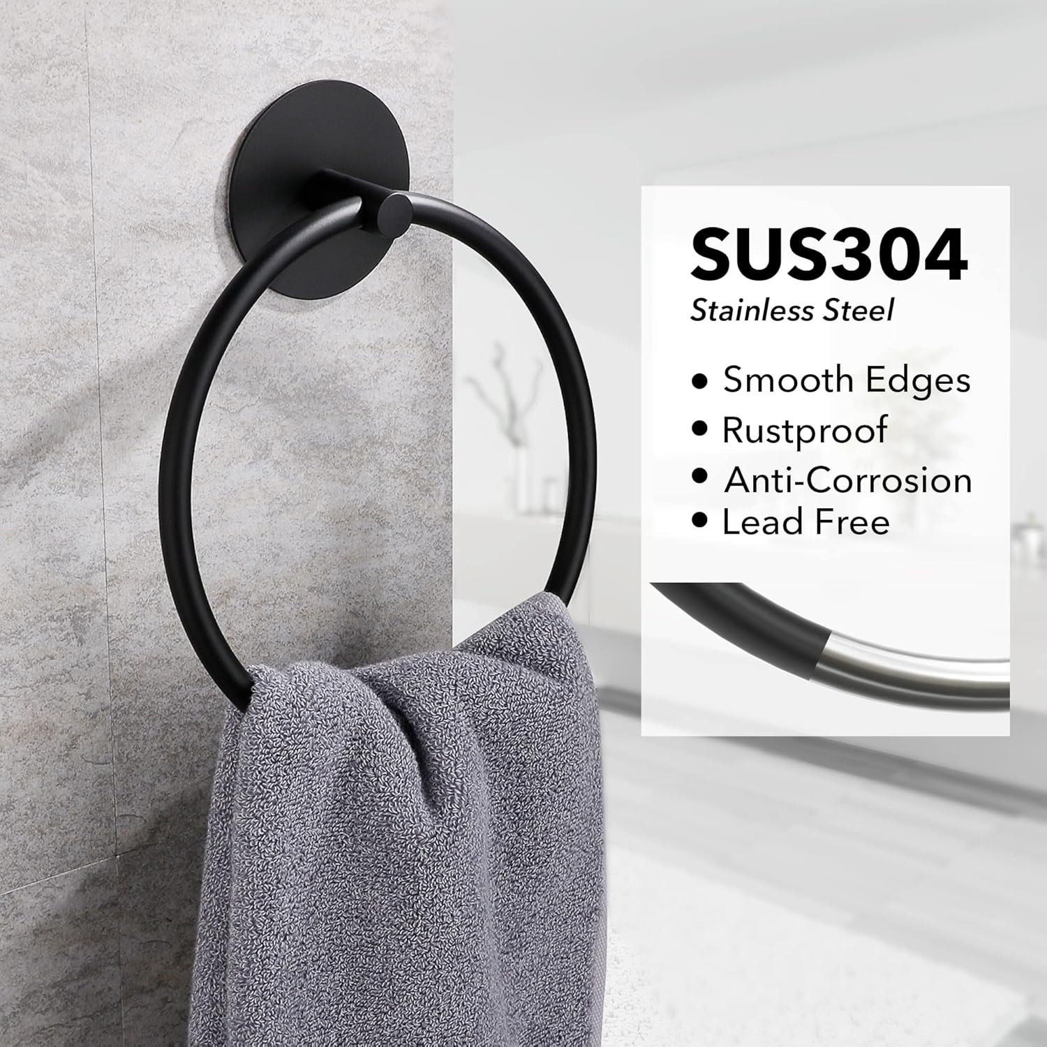 Matte Black Bathroom Towel Ring - SUS304 Stainless Steel Bathroom Towel Rack, Susswiff Adhesive Wall Mounted Hand Towels Holder, Towel Hanger for Bathroom Organizer, Kitchen Storage-1