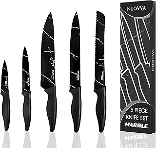 nuovva 5pcs Kitchen Knife Set – Ultra Sharp Kitchen Knives – Premium Stainless Steel Blades – Chef, Bread, Santoku, Paring and Utility Knives