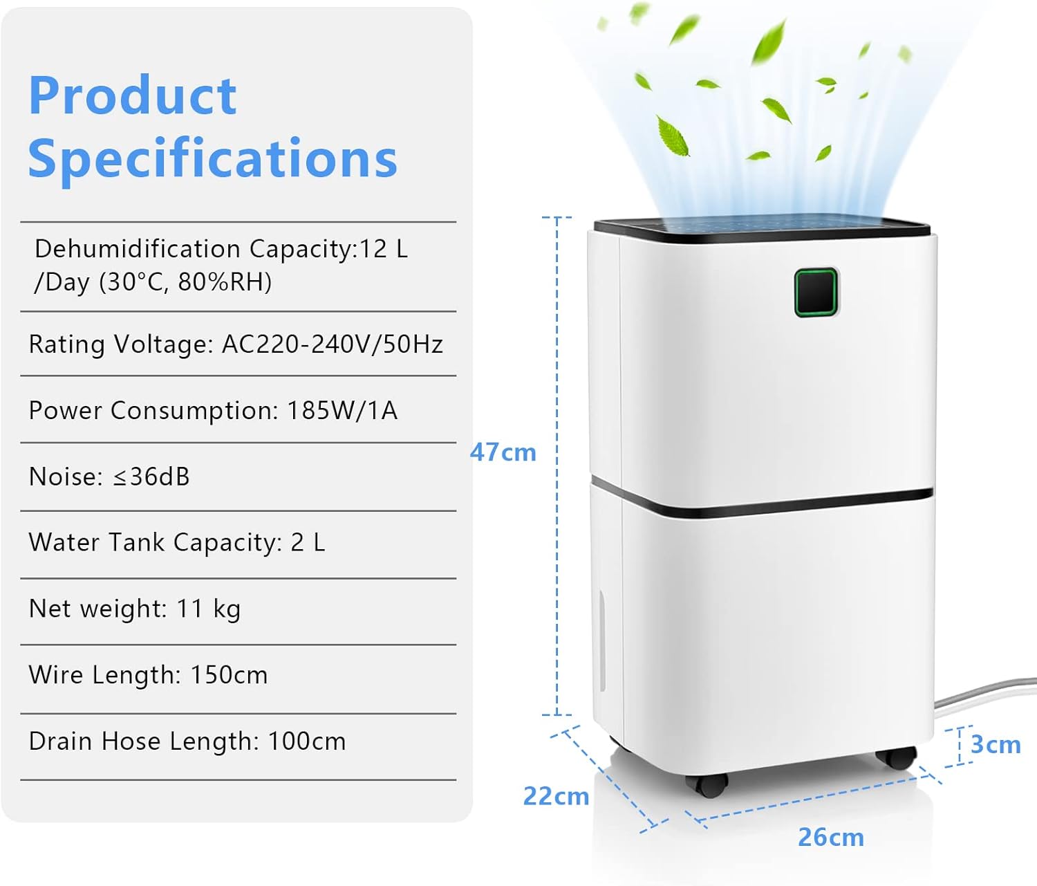 TANGZON 12L/Day Dehumidifier, 3 Modes Low Noise Dehumidifiers with Digital Humidity Display, Continuous Drainage, Laundry Drying, Sleep Mode, Child Lock & Timer, for Damp Mould Condensation(12H Timer)-3