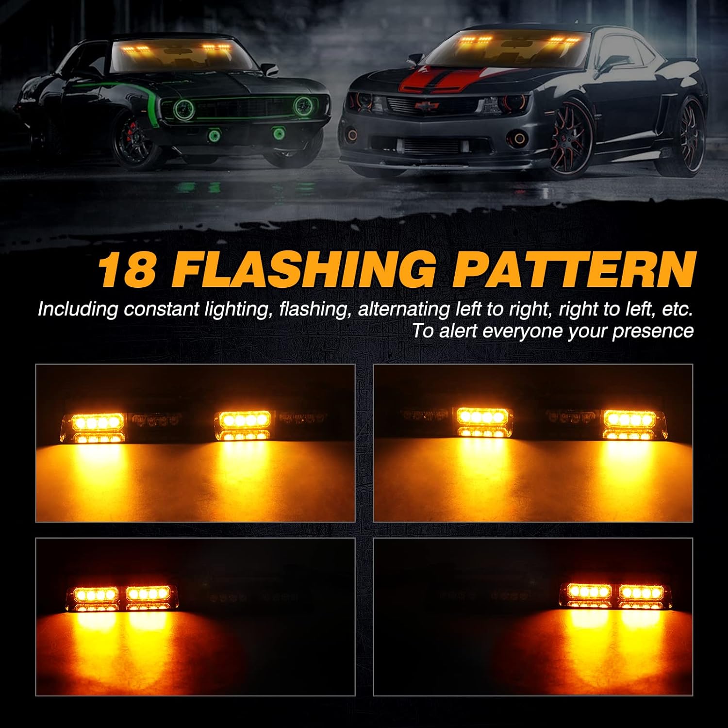 JMEST LEAD Emergency Strobe Lights 2x 7.2 Inch Interior Windshield Strobe Lights 16 LED 18 Flash Modes Dash Emergency Beacon Warning Lights with Suction Cups 12V For Car Truck Vehicles (Amber)-2