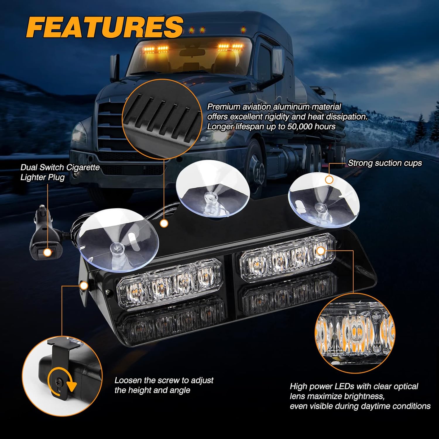 JMEST LEAD Emergency Strobe Lights 2x 7.2 Inch Interior Windshield Strobe Lights 16 LED 18 Flash Modes Dash Emergency Beacon Warning Lights with Suction Cups 12V For Car Truck Vehicles (Amber)-3