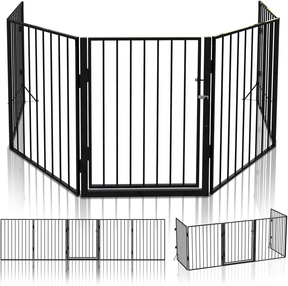 VOUNOT 5 Panel Metal Fire Guard, Hearth Gate, Dog Gate Pet Safety Barrier Indoor, Foldable Grille Extra Wide 300 cm, Black-0