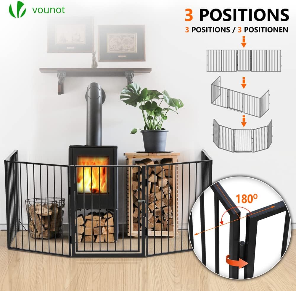 VOUNOT 5 Panel Metal Fire Guard, Hearth Gate, Dog Gate Pet Safety Barrier Indoor, Foldable Grille Extra Wide 300 cm, Black-1