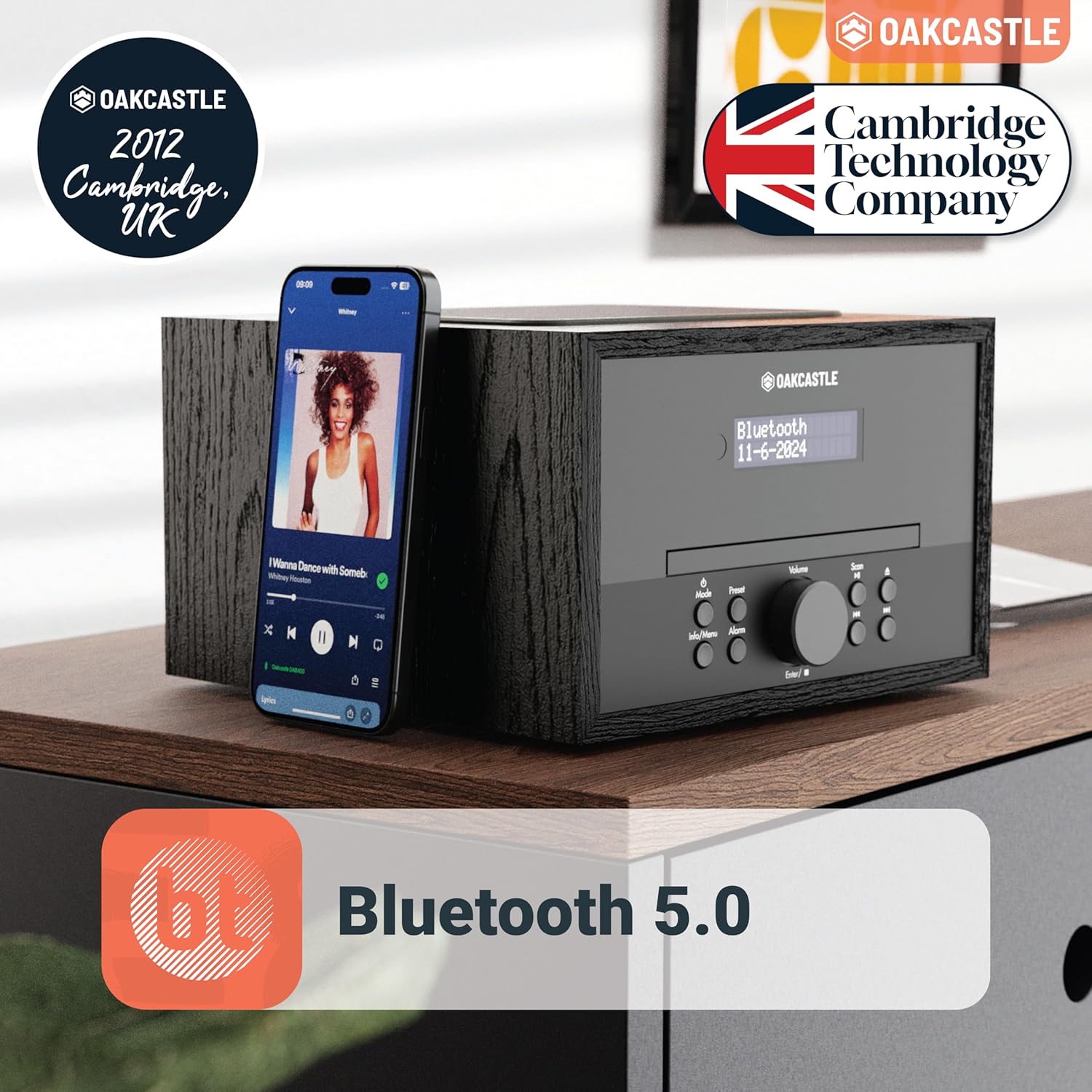 Bluetooth DAB+ Radio & CD Player | 40 Watt Mains Powered Hifi System for Home | Inbuilt Speakers, LED Display | Dual Alarm, 20 Presets & FM | USB, MP3, AUX | Remote Control Included | OAKCASTLE DAB400-1