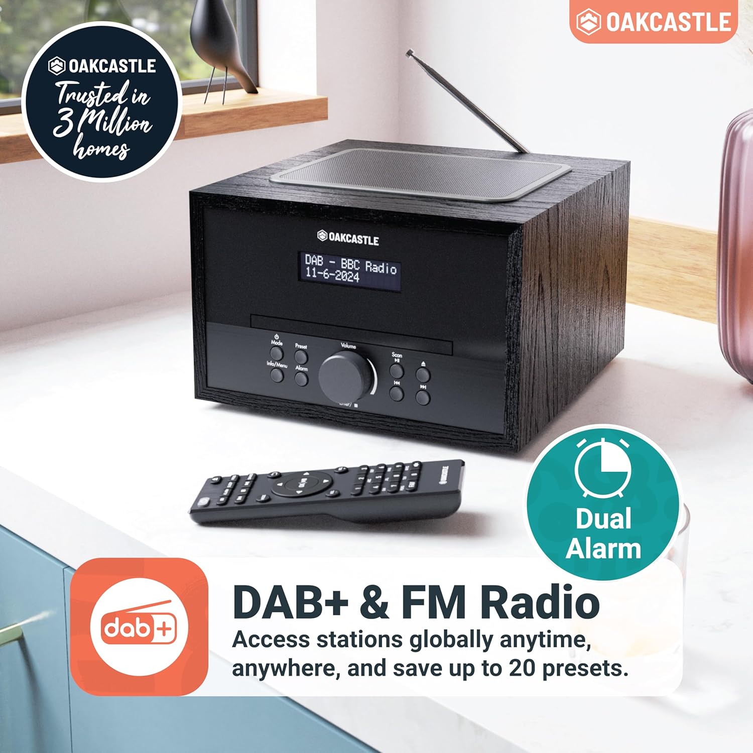 Bluetooth DAB+ Radio & CD Player | 40 Watt Mains Powered Hifi System for Home | Inbuilt Speakers, LED Display | Dual Alarm, 20 Presets & FM | USB, MP3, AUX | Remote Control Included | OAKCASTLE DAB400-4