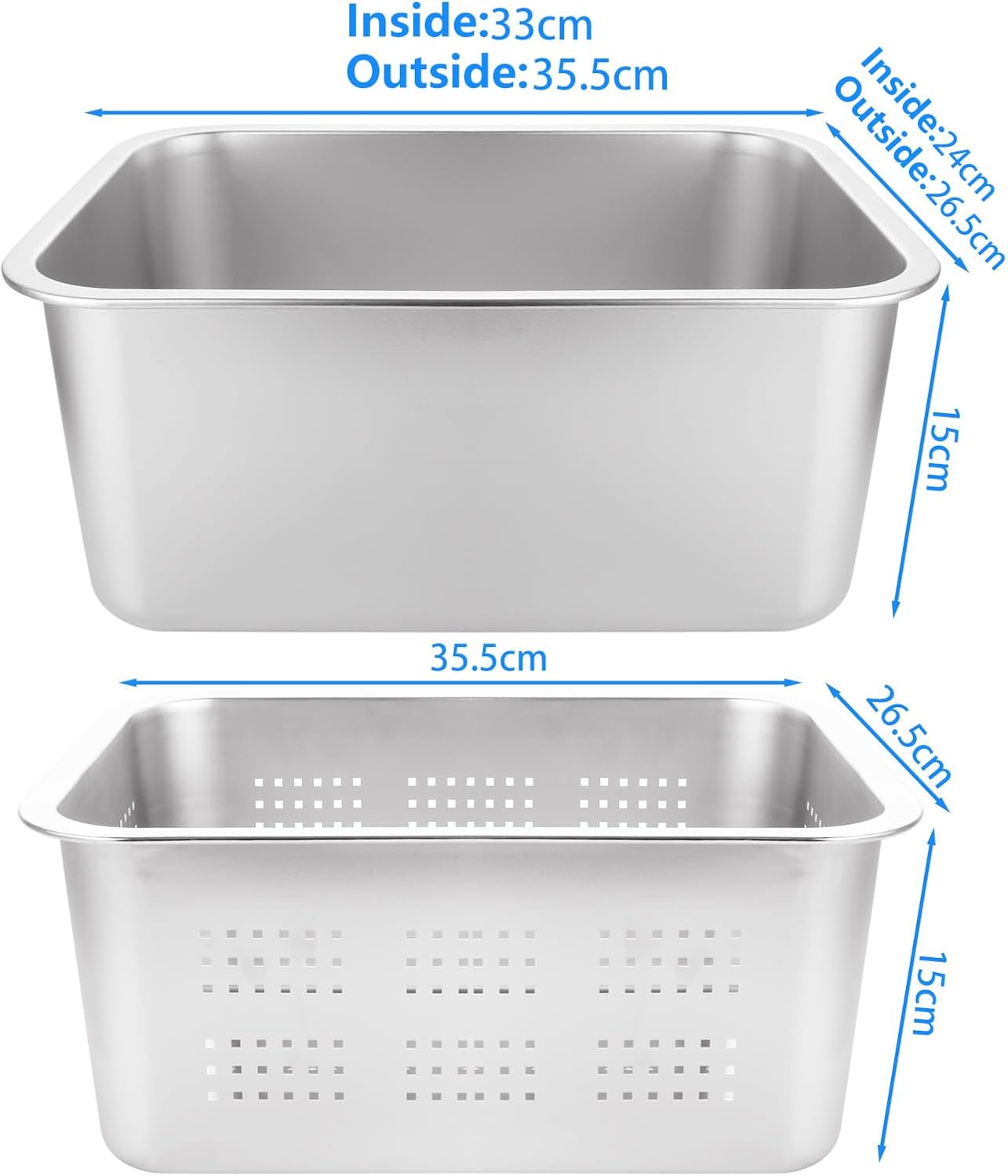 ASelected 2 PCS Washing Up Bowl & Strainer Bowl, 304 Stainless Steel Large Rectangular 10 Litre Colander Mixing Bowl Set, Washing Basin, Dishtub, for Vegetable Fruit Food Preparing, 33x24x15cm-1