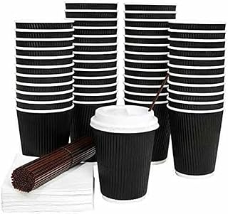 100 X 12oz Disposable Kraft Black Paper Cups and Lids for Hot and Cold Drinks, Triple Walled Ripple Cups with Lids Ideal Disposable Tableware for Takeaway Coffee Cups/Tea (100)