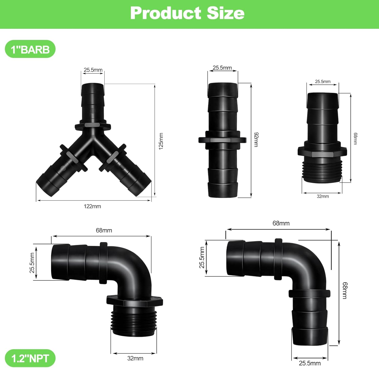 Longrun Hose Fittings Pond Hose Adapter, Garden Hose Quick Connect Male 1.2" NPT x 1" Barb Fitting, Pipe Fitting Hose Connector for Pool Spillway Waterfall Fountain Tube with 6 Clamps-11 Pieces Set-0