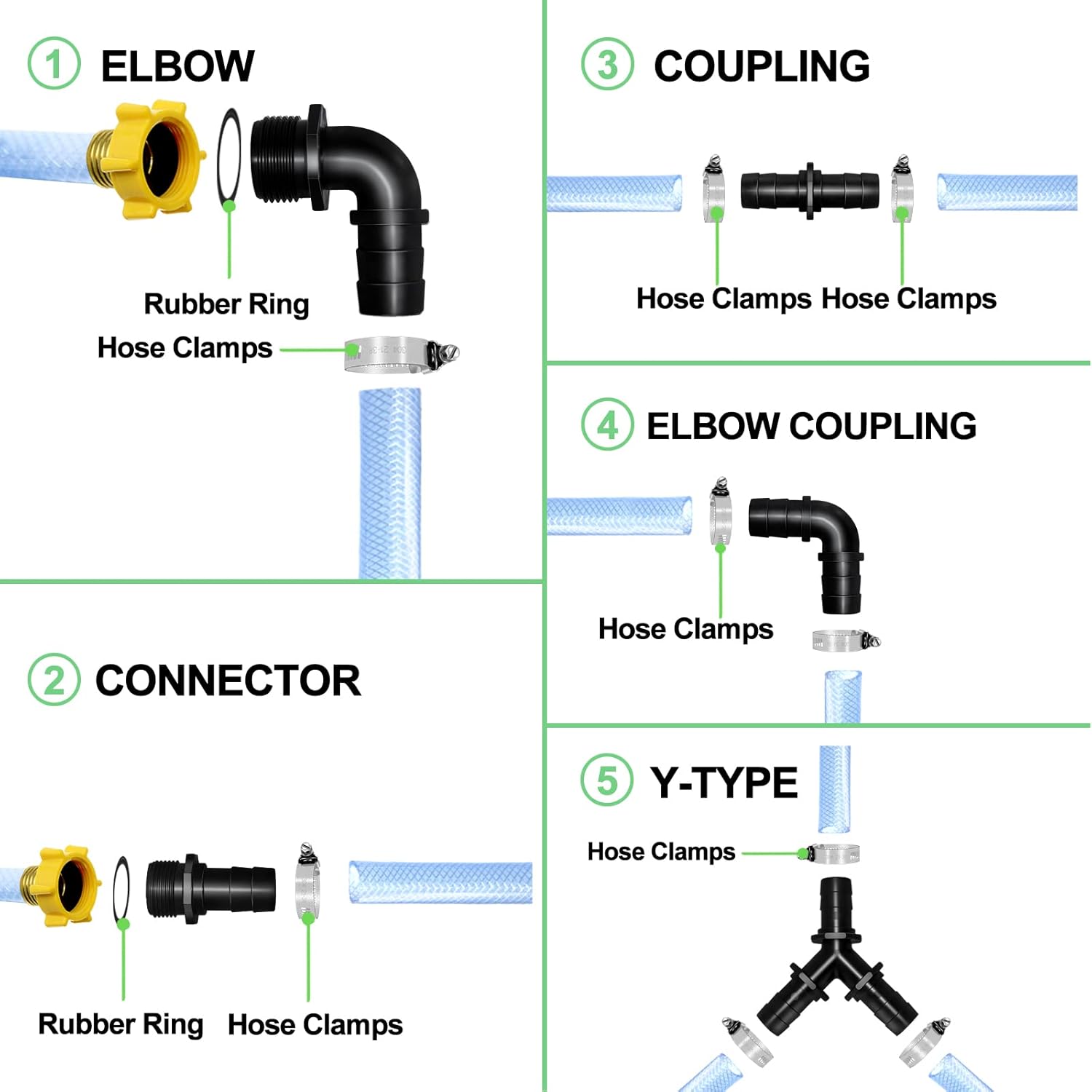 Longrun Hose Fittings Pond Hose Adapter, Garden Hose Quick Connect Male 1.2" NPT x 1" Barb Fitting, Pipe Fitting Hose Connector for Pool Spillway Waterfall Fountain Tube with 6 Clamps-11 Pieces Set-1