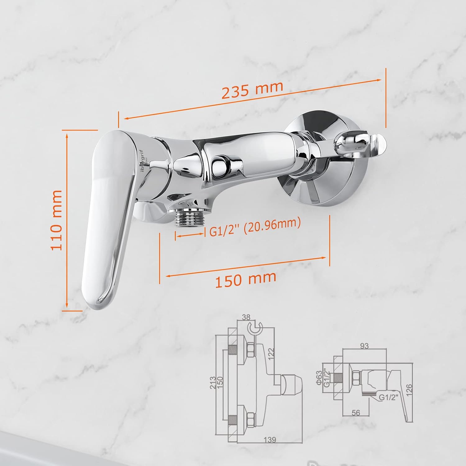 Ibergrif Shower Mixer Valve Wall Mounted, Shower Faucet Single Lever Shower Mixer Bar, with Shower Head Holder, Chrome Finished, Silver M12059-1-1