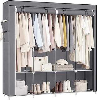 SONGMICS Clothes Wardrobe, Portable Closet, Garment Organiser Rack with 4 Hanging Rails, Shelves, 4 Side Pockets, 170 x 45 x 167 cm, Large Capacity for Bedroom, Living Room, Grey RYG094G02