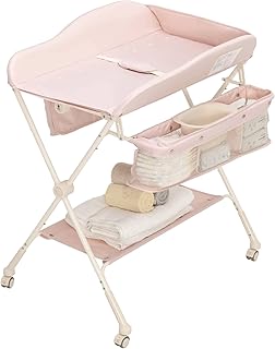 Maxmass Baby Changing Table, Folding Infant Bath Massage Diaper Organizer with Water Basin, Storage Rack, Adjustable Newborn Care Station (Pink)