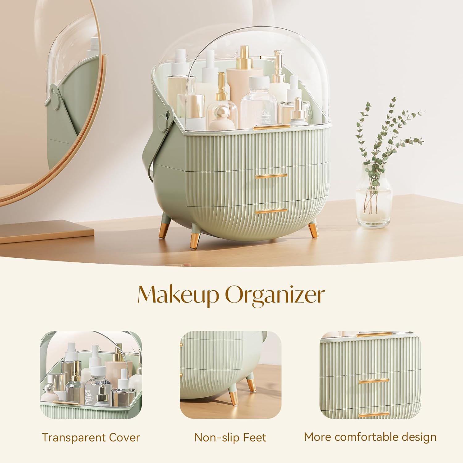 Multi-Function Make Up Case Dustproof Cosmetic Storage Box, Cosmetics Organizer Skin Care Products Jewelry Organizer Case Finishing Box for Bedroom Bathroom Desktop New Version (Mint Green)-4