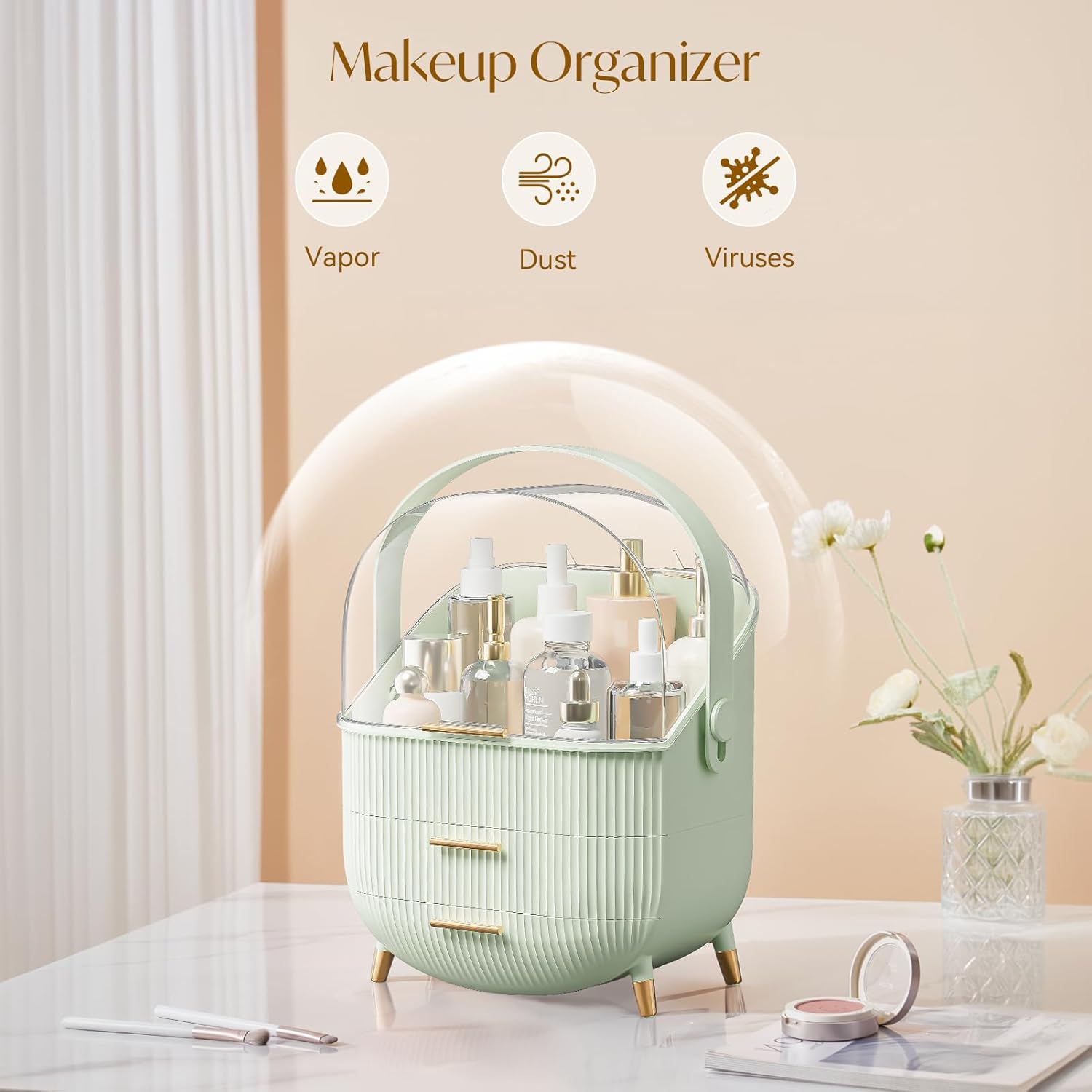 Multi-Function Make Up Case Dustproof Cosmetic Storage Box, Cosmetics Organizer Skin Care Products Jewelry Organizer Case Finishing Box for Bedroom Bathroom Desktop New Version (Mint Green)-5