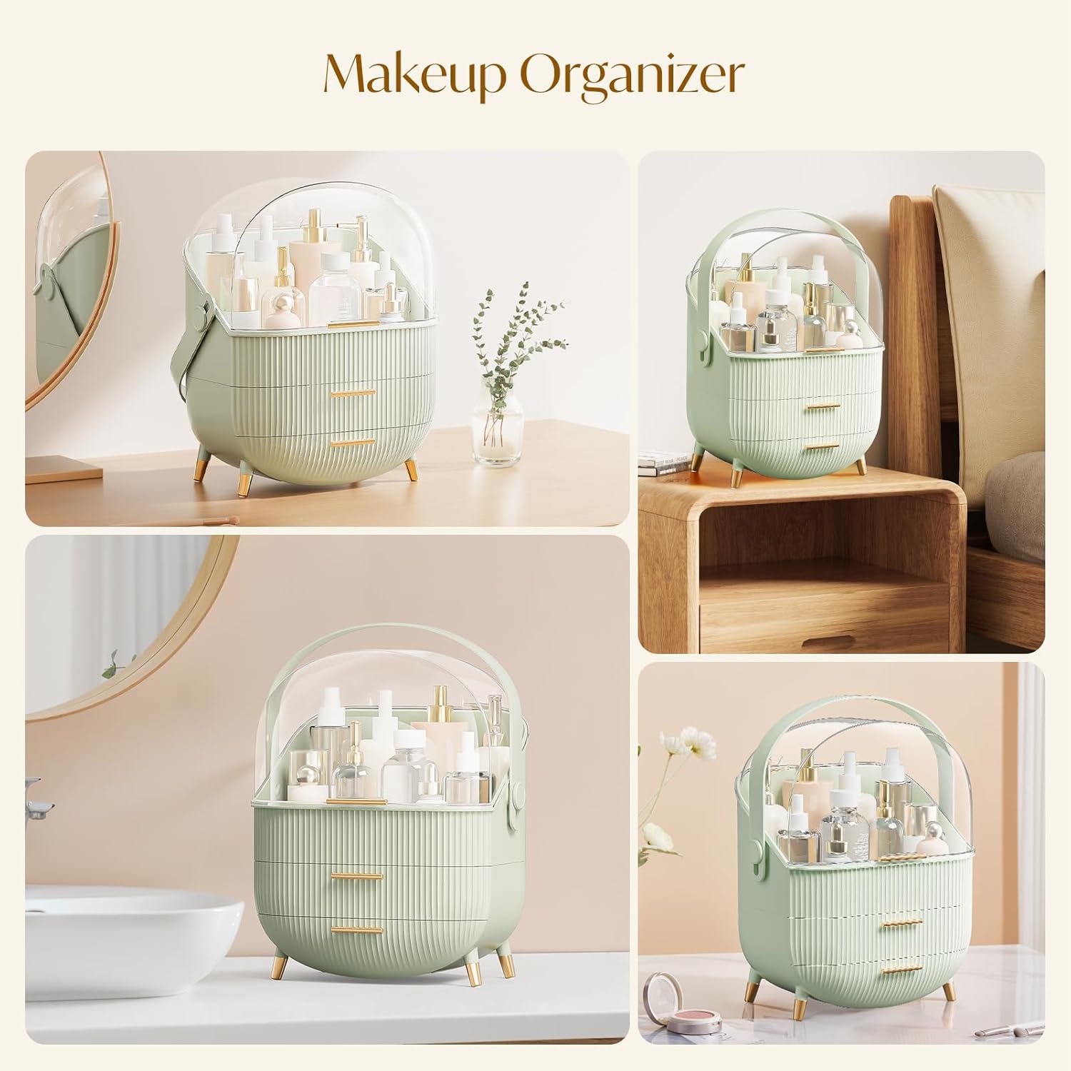 Multi-Function Make Up Case Dustproof Cosmetic Storage Box, Cosmetics Organizer Skin Care Products Jewelry Organizer Case Finishing Box for Bedroom Bathroom Desktop New Version (Mint Green)-6