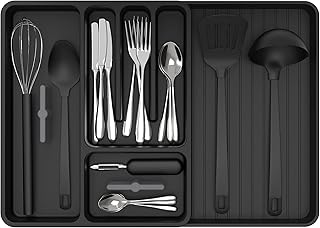 MR.SIGA Expandable Silverware Organizer, Flatware Organizer for Drawer, Utensil Organizer and Adjustable Cutlery Tray for Kitchen Drawer, Black