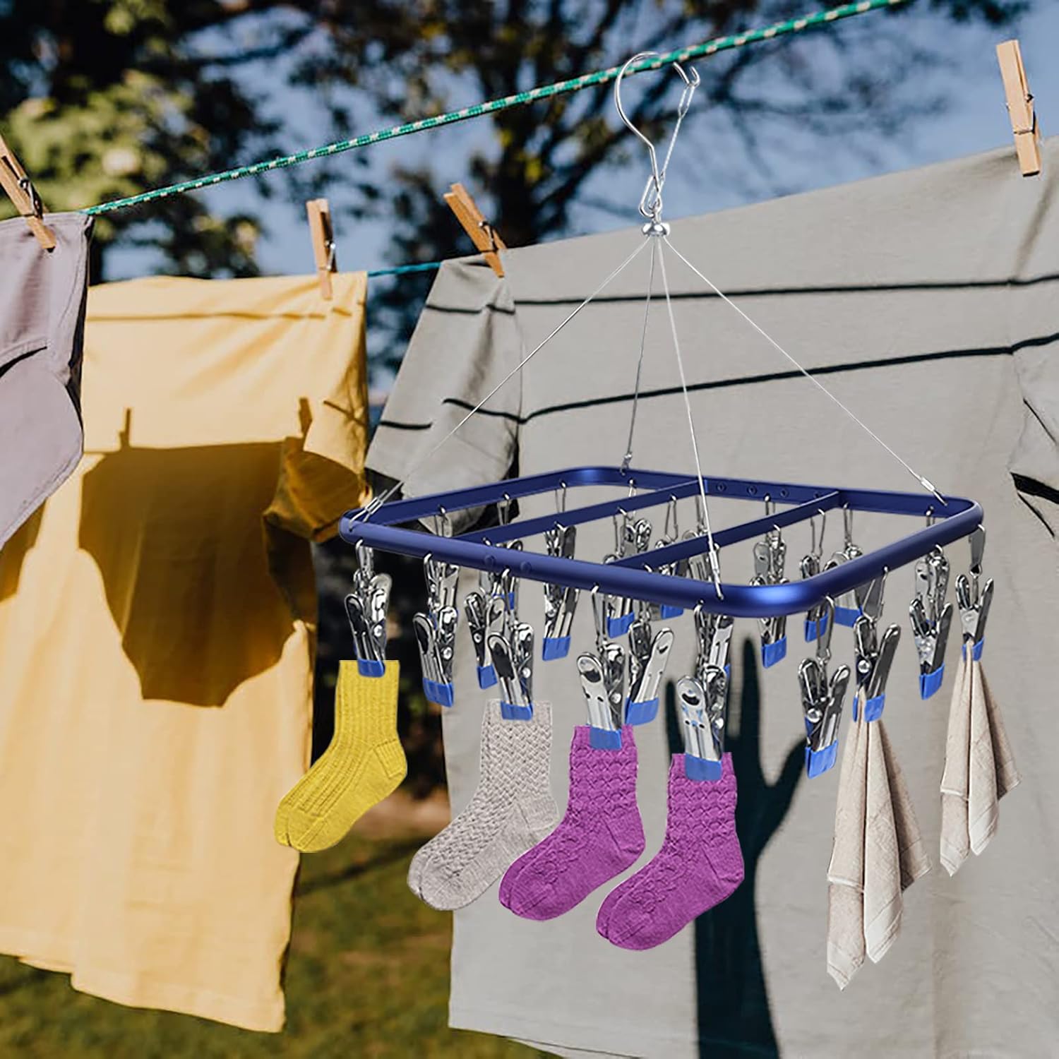 Roellgs Sock drying rack with 26 nails, aluminium sock hooks, underwear hooks with weatherproof hooks, suitable for socks, underwear, underwear, shoe inserts, baby clothes, gloves (blue)-1