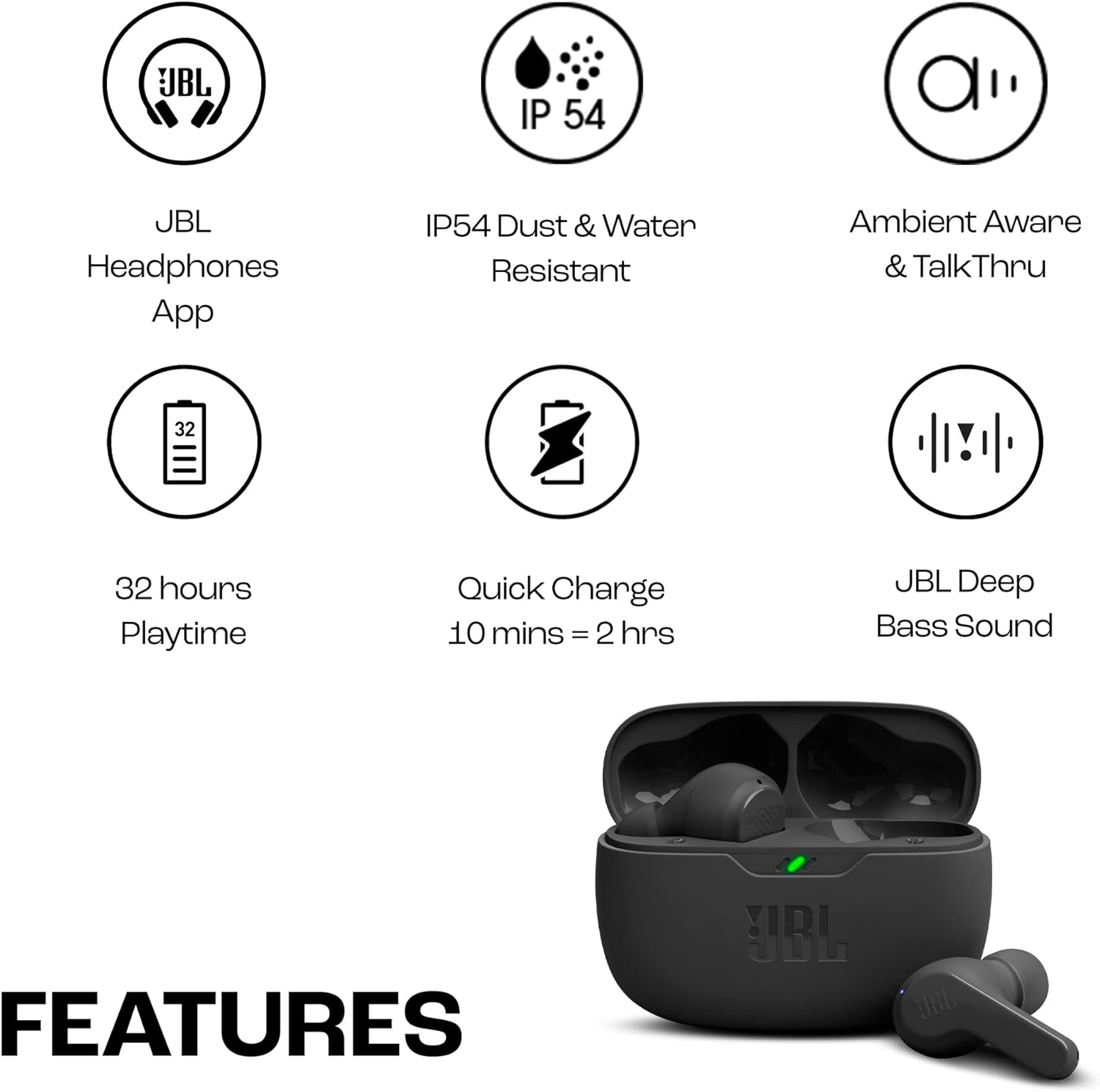 JBL Wave Beam In-Ear Wireless Earbuds with IP54 and IPX2 Waterproofing, Hands-Free Calling and 32-Hour Battery Life, Black-2