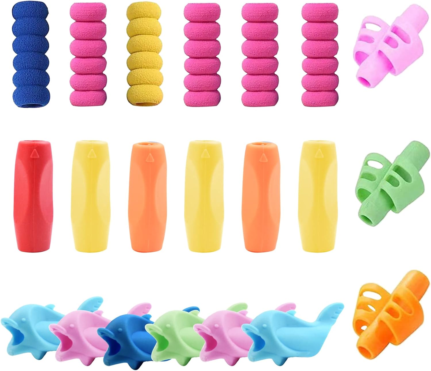 Udewo 21 PCS Pencil Grips, Silicone Pen Grips Pencil Holder Grip Finger Pencil Grips Foam Pen Writing Aid Grip Set Training Pencil Grips Finger Space Writing Tool for Kids Children Adult Handwriting-0