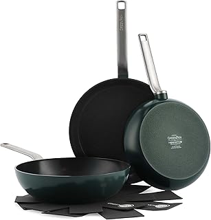 Greenpan Evolution Hard Anodized Healthy Ceramic Non-Stick 3-Piece Frying Pan Skillet and Wok Set, PFAS-Free, Induction, Oven Safe, Pine Green