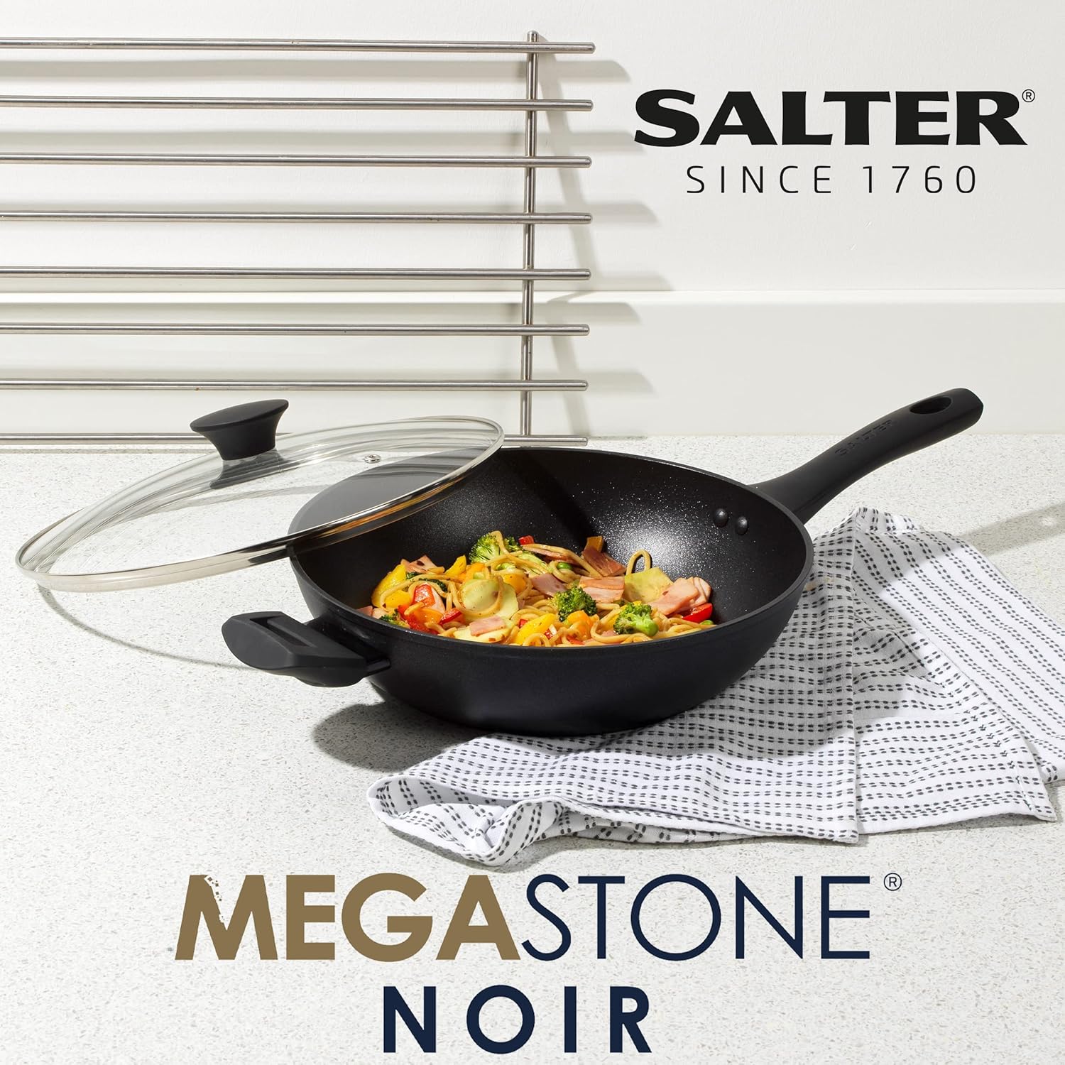 Salter BW09329 Megastone Noir 28cm Wok - Non-Stick Stir-Fry Pan, Forged Aluminium Cookware, Tempered Glass Lid, Induction Hob Suitable, Dishwasher & Metal Utensil Safe, PFOA Free-1