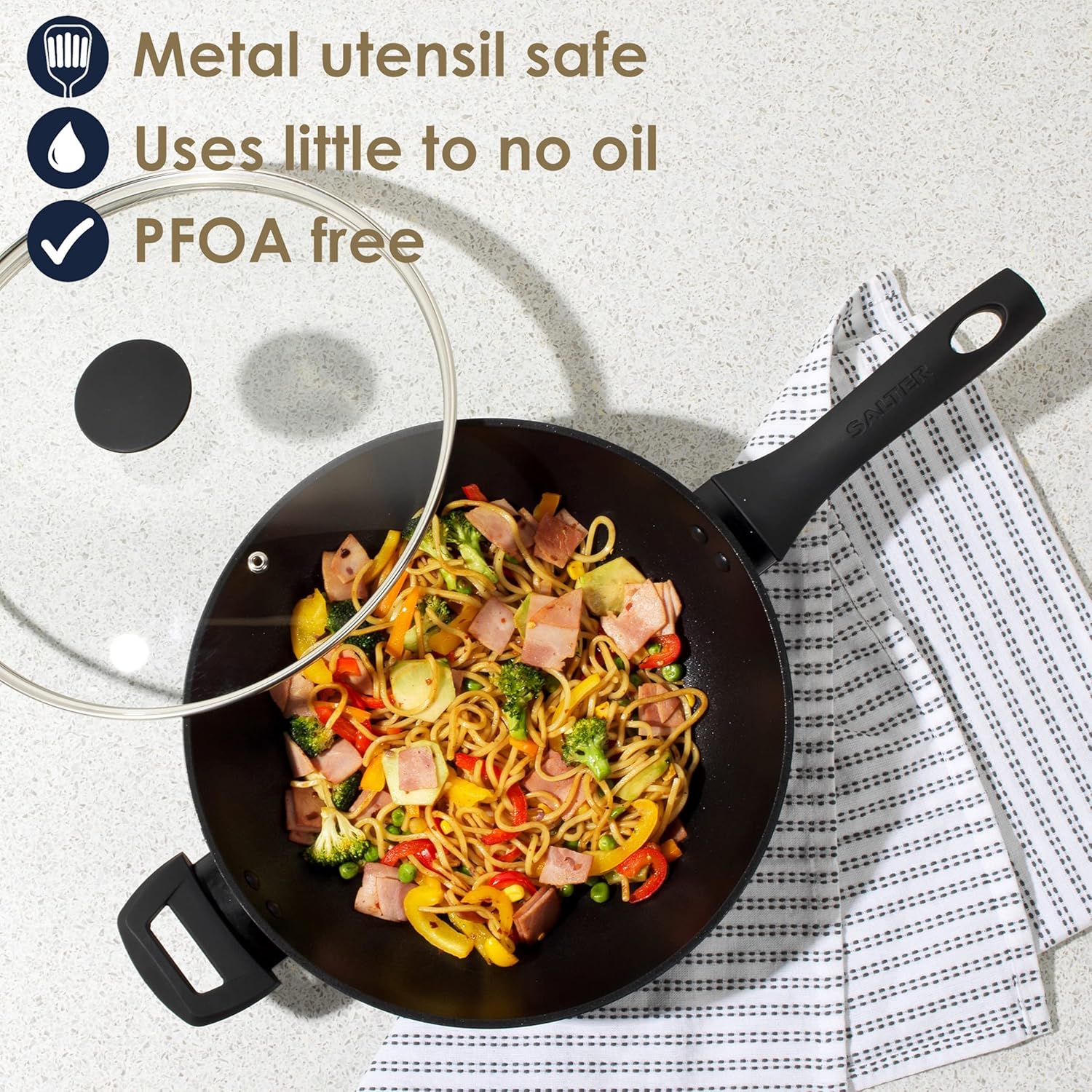 Salter BW09329 Megastone Noir 28cm Wok - Non-Stick Stir-Fry Pan, Forged Aluminium Cookware, Tempered Glass Lid, Induction Hob Suitable, Dishwasher & Metal Utensil Safe, PFOA Free-2