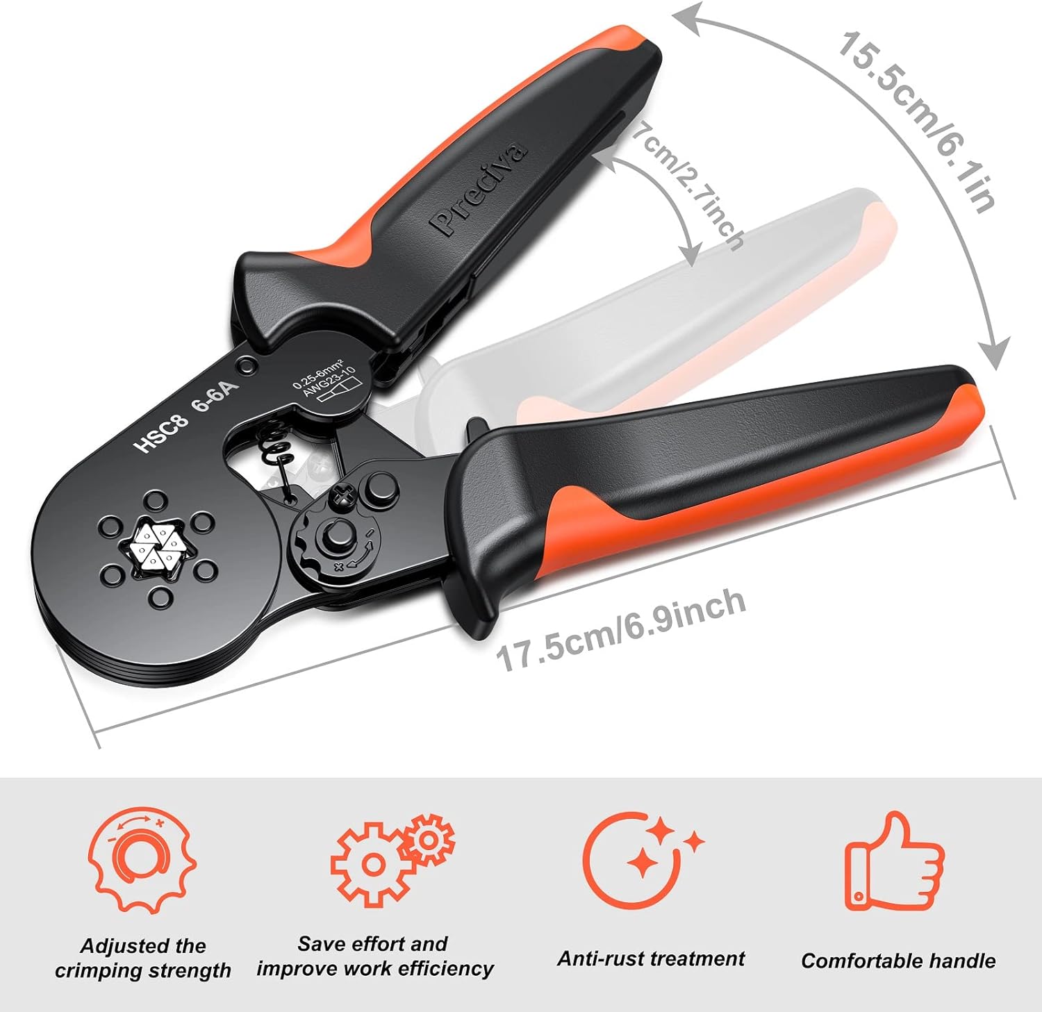 Ferrule Crimping Tool, Preciva Wire Crimper Plier, 0.25-6mm²/AWG23-10 Self Adjustable Ratchet Bootlace Ferrule Wire Crimping Plier, Hand Hexagonal Crimper Plier Wire Terminal Crimping Tool-5