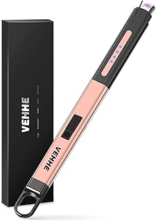 VEHHE Candle Lighter, Electric Lighter Rechargeable Usb Type C with Safety Lock & Hanging Hook, Windproof Rechargeable Lighter, Flameless Long Lighter for Home Kitchen Camping BBQ (Rose Gold)