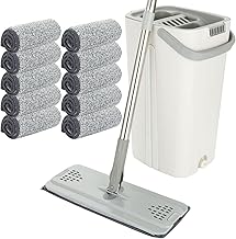 ASelected Flat Mop and Bucket set, Hands Free Squeeze Mop with 10 Reusable Microfiber Mop Pads and Stainless Steel 123cm Long Handle, Microfiber Floor Mop for Tiled, Marble, Hardwood